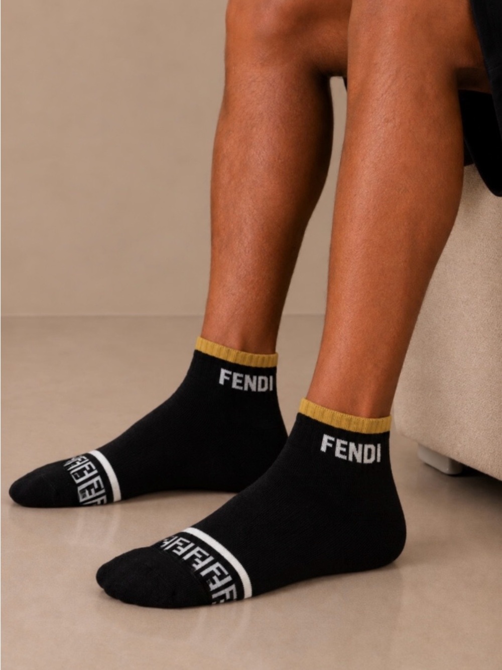 Fendi Black Socks with Gold Trim and White Logo